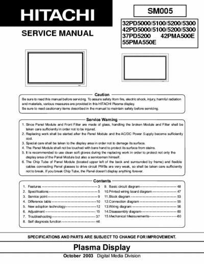 Hitachi 32PD5000 32PD5100 32PD5200 32PD5300 Service Manual mod. 37PD5200, 42PMA500E, 55PMA550E - Part File 1/8 - pag. 101